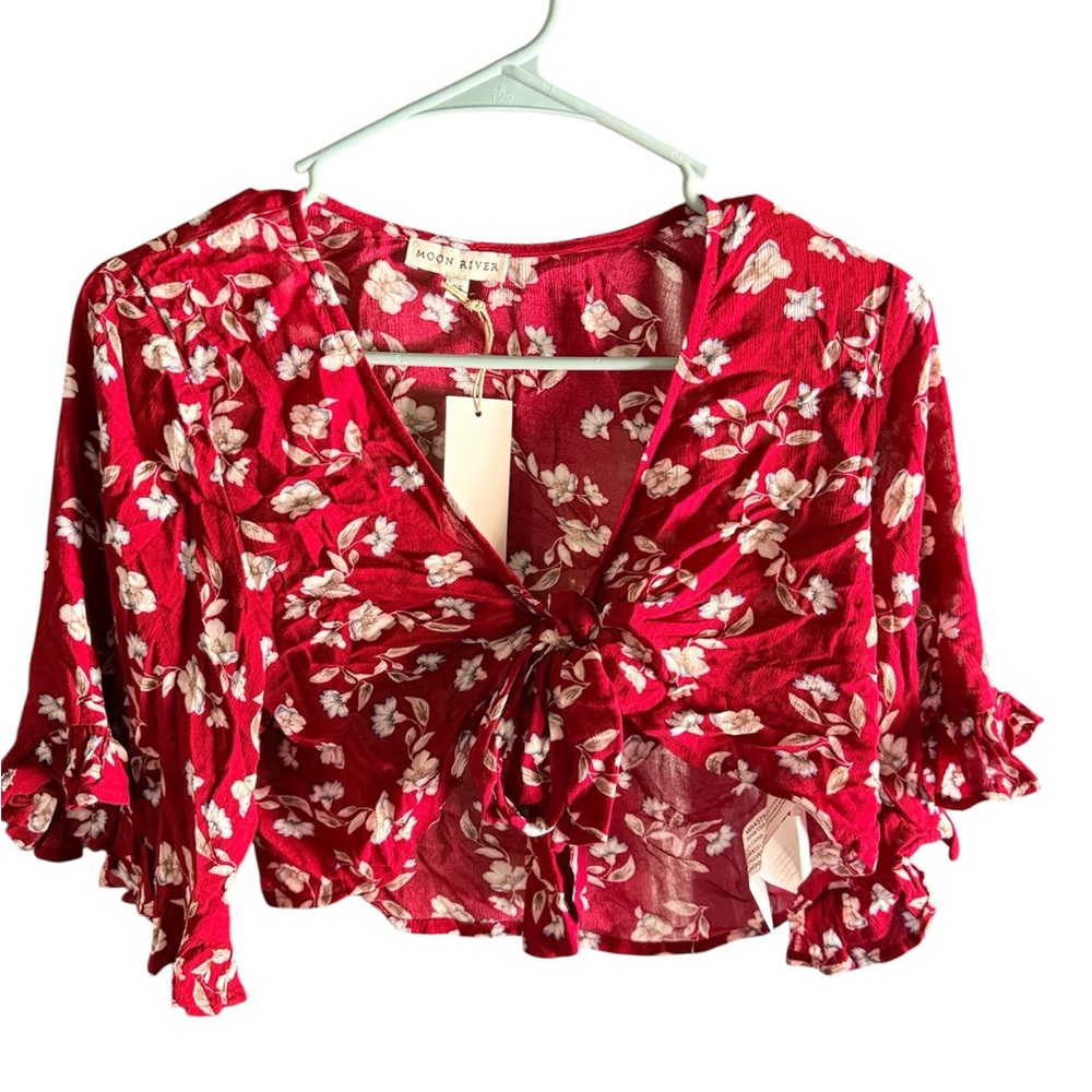 Moon River Red Floral Tie-Front Blouse